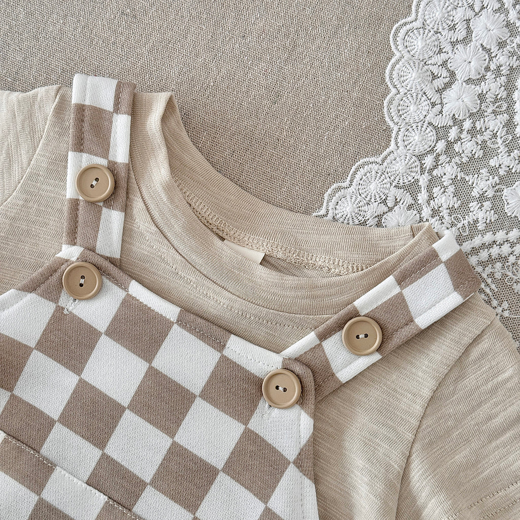 Baby Checkerboard Short Overalls & Tee 2Pcs Summer Set