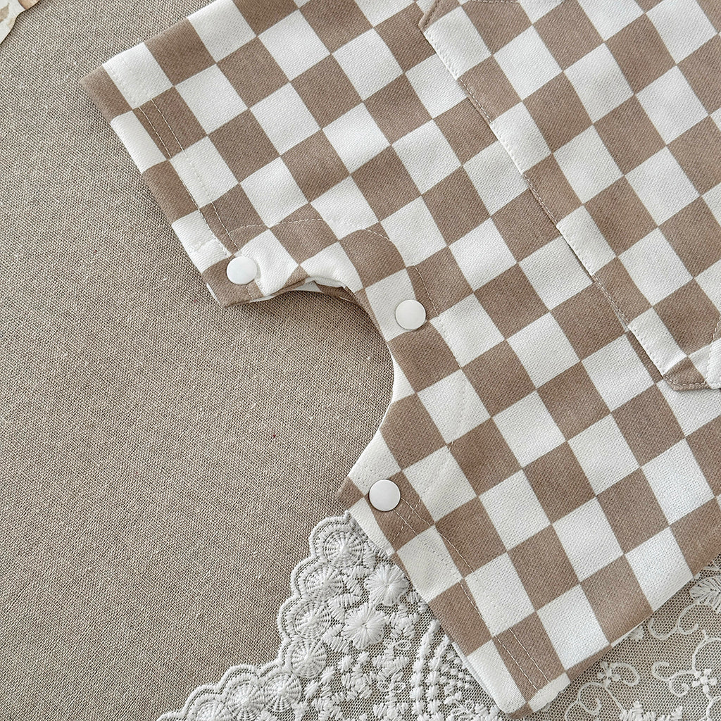 Baby Checkerboard Short Overalls & Tee 2Pcs Summer Set