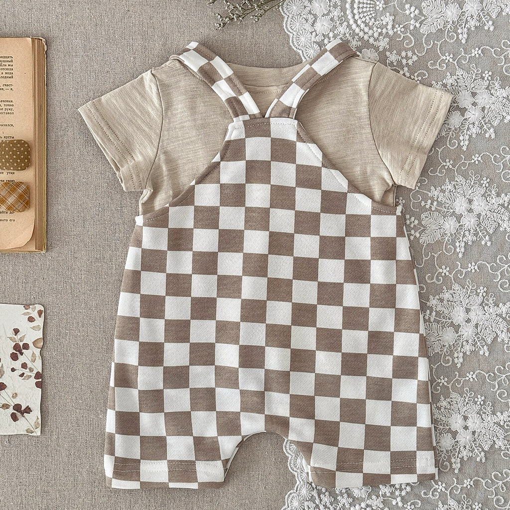 Baby Checkerboard Short Overalls & Tee 2Pcs Summer Set