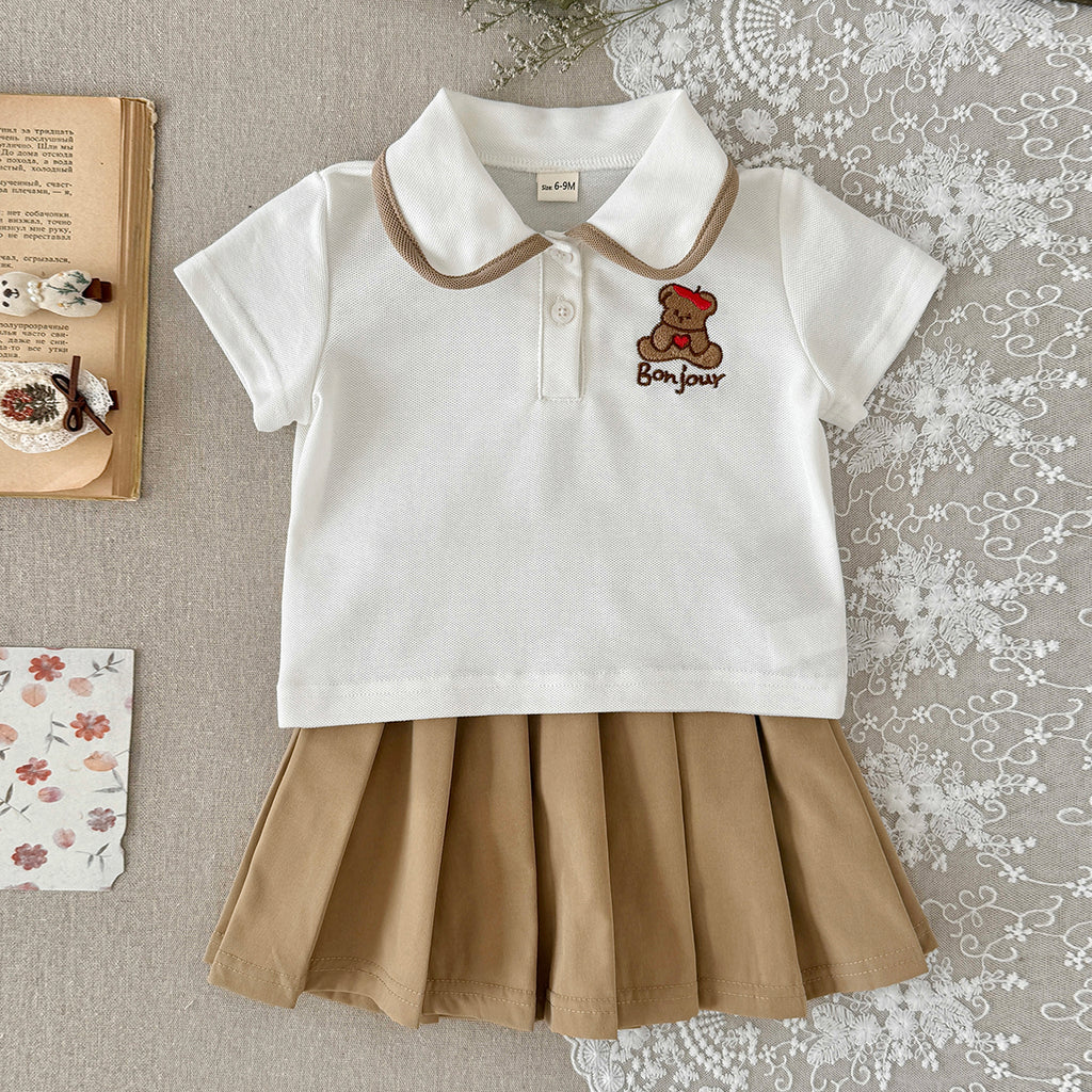 Baby Girl Bear Embroidery Polo Top Pleated Skirt Set