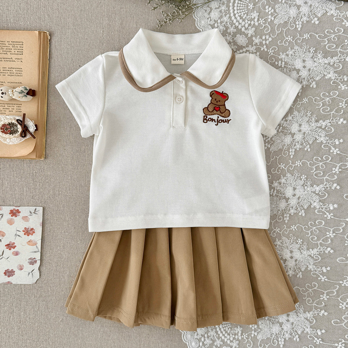 Baby Girl Bear Embroidery Polo Top Pleated Skirt Set