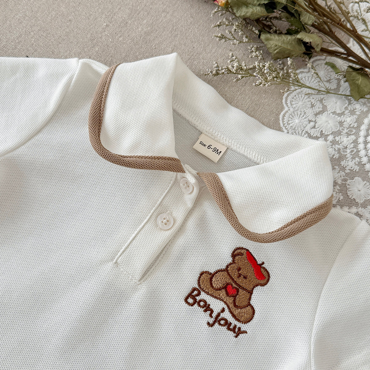 Baby Girl Bear Embroidery Polo Top Pleated Skirt Set