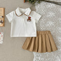 Baby Girl Bear Embroidery Polo Top Pleated Skirt Set