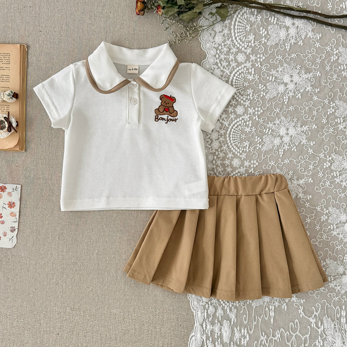 Baby Girl Bear Embroidery Polo Top Pleated Skirt Set