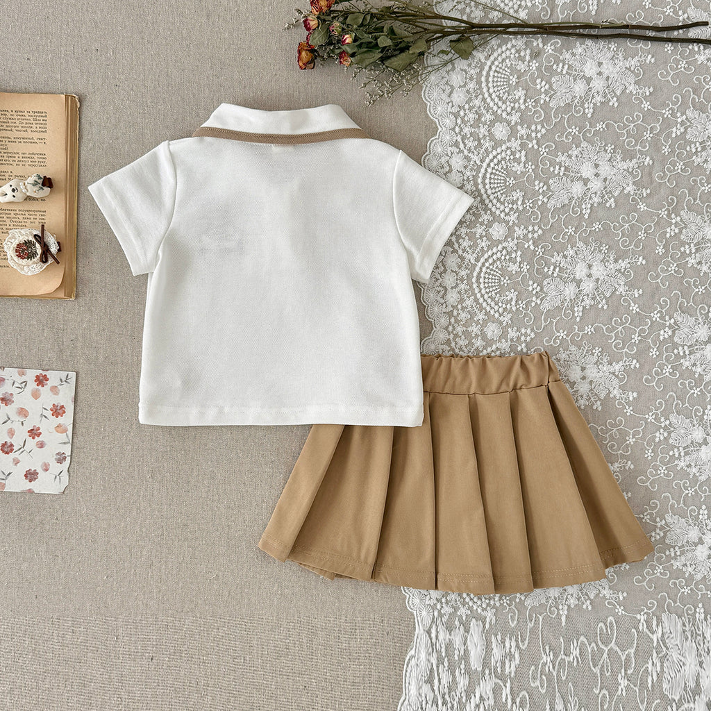 Baby Girl Bear Embroidery Polo Top Pleated Skirt Set