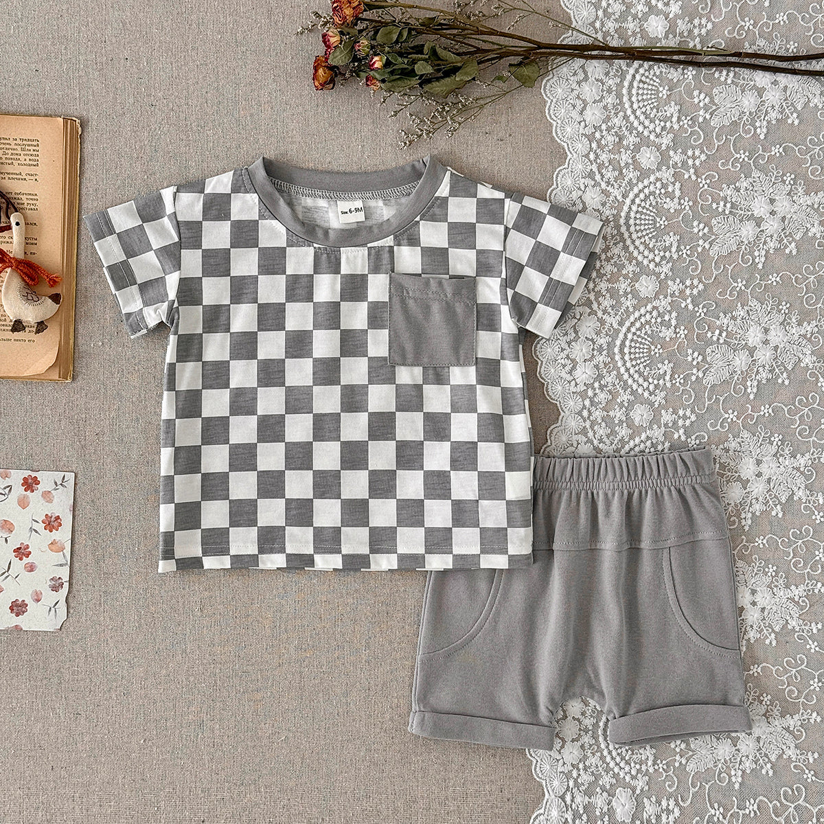 Baby Checkerboard Pocket Tee & Cuffed Shorts Summer Outfit Set