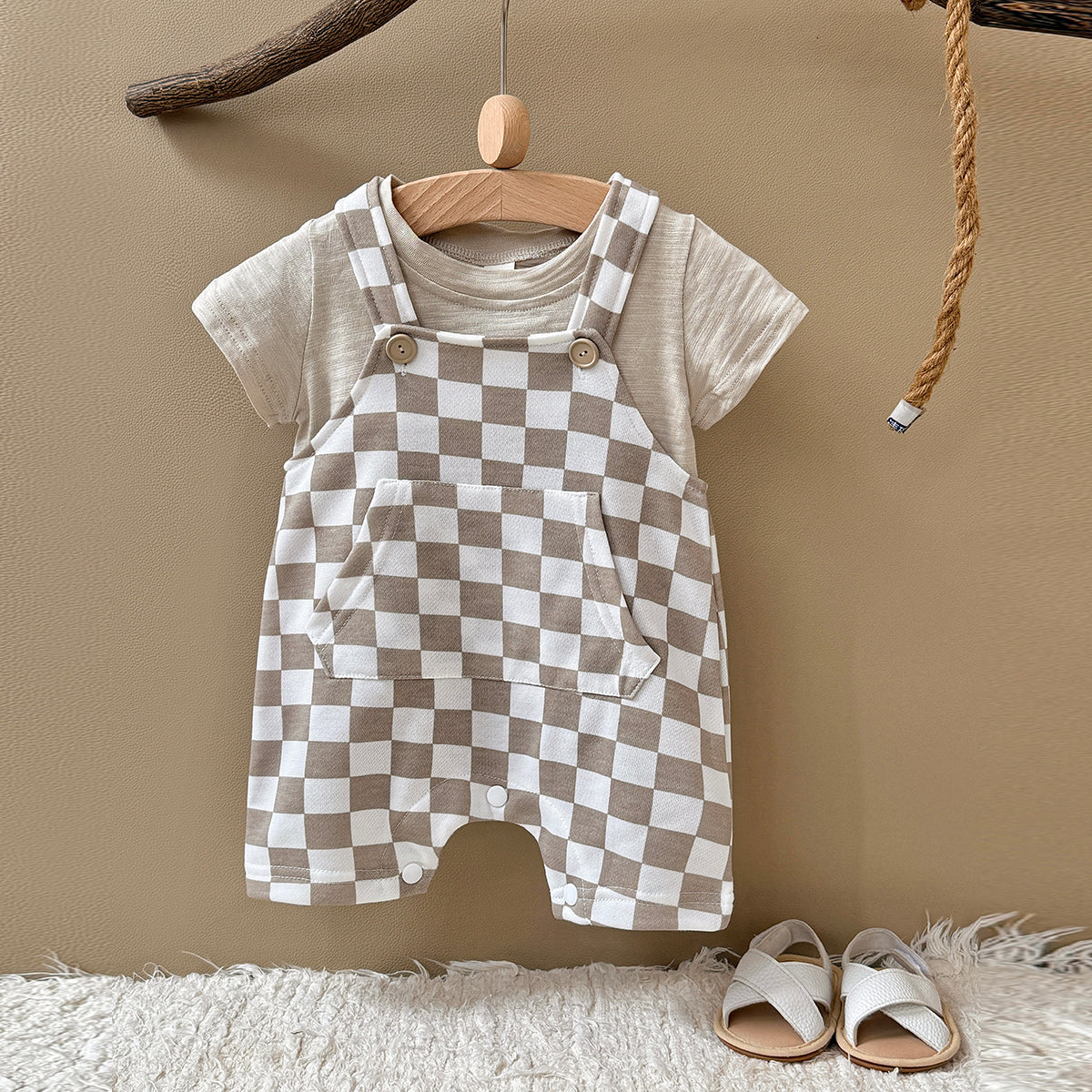 Baby Checkerboard Short Overalls & Tee 2Pcs Summer Set