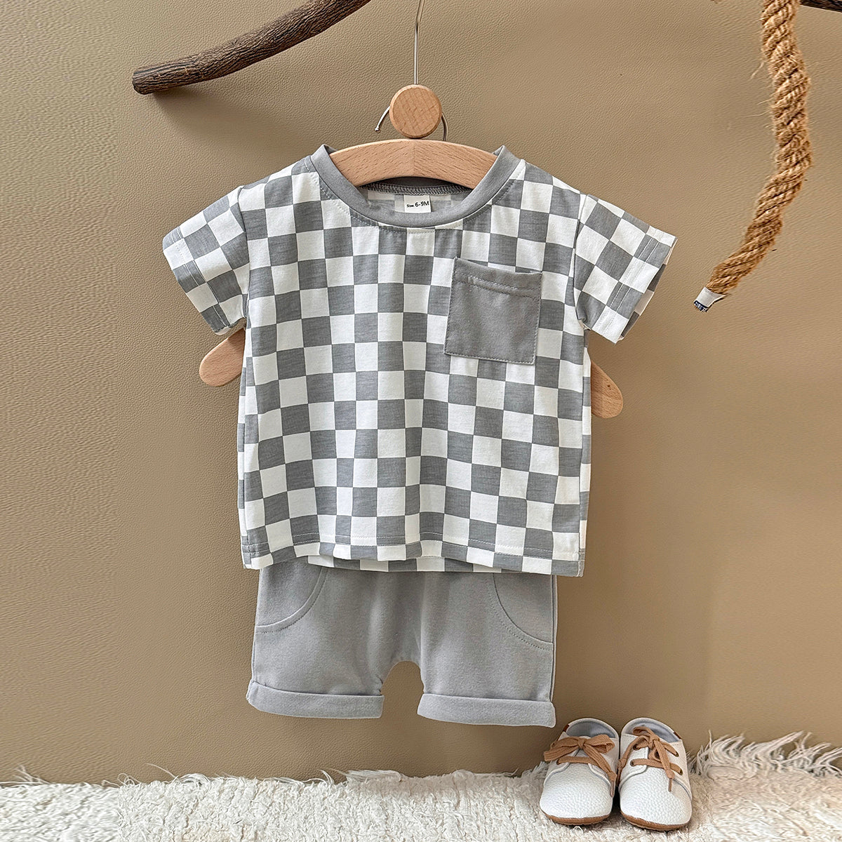 Baby Checkerboard Pocket Tee & Cuffed Shorts Summer Outfit Set