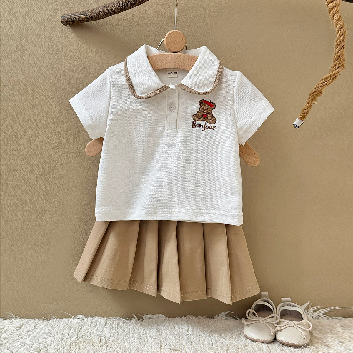 Baby Girl Bear Embroidery Polo Top Pleated Skirt Set