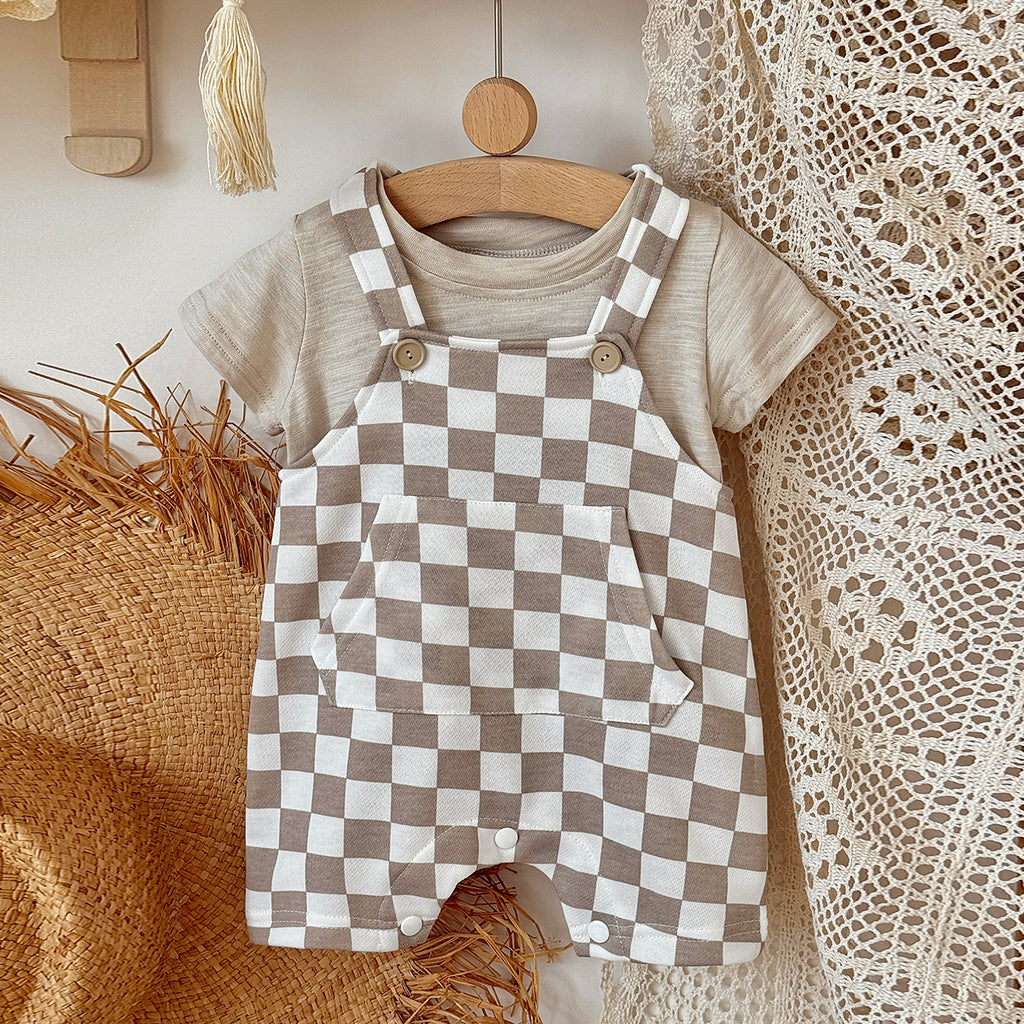 Baby Checkerboard Short Overalls & Tee 2Pcs Summer Set