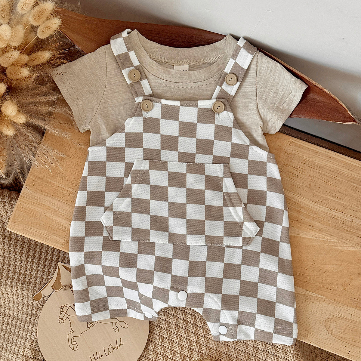 Baby Checkerboard Short Overalls & Tee 2Pcs Summer Set
