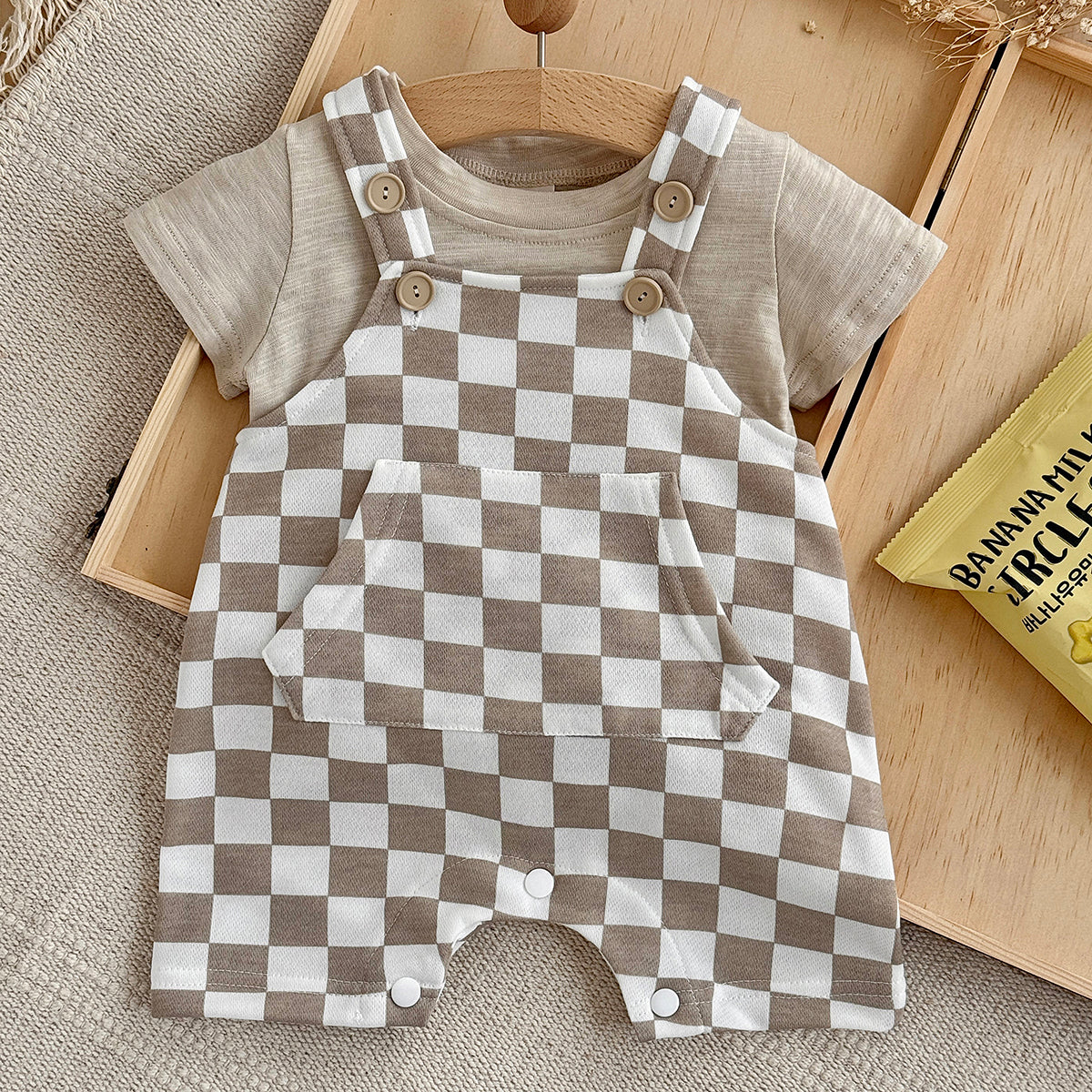 Baby Checkerboard Short Overalls & Tee 2Pcs Summer Set
