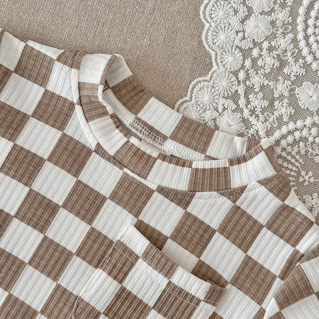 Baby Checkerboard Ribbed Short Sleeve Pocket Romper