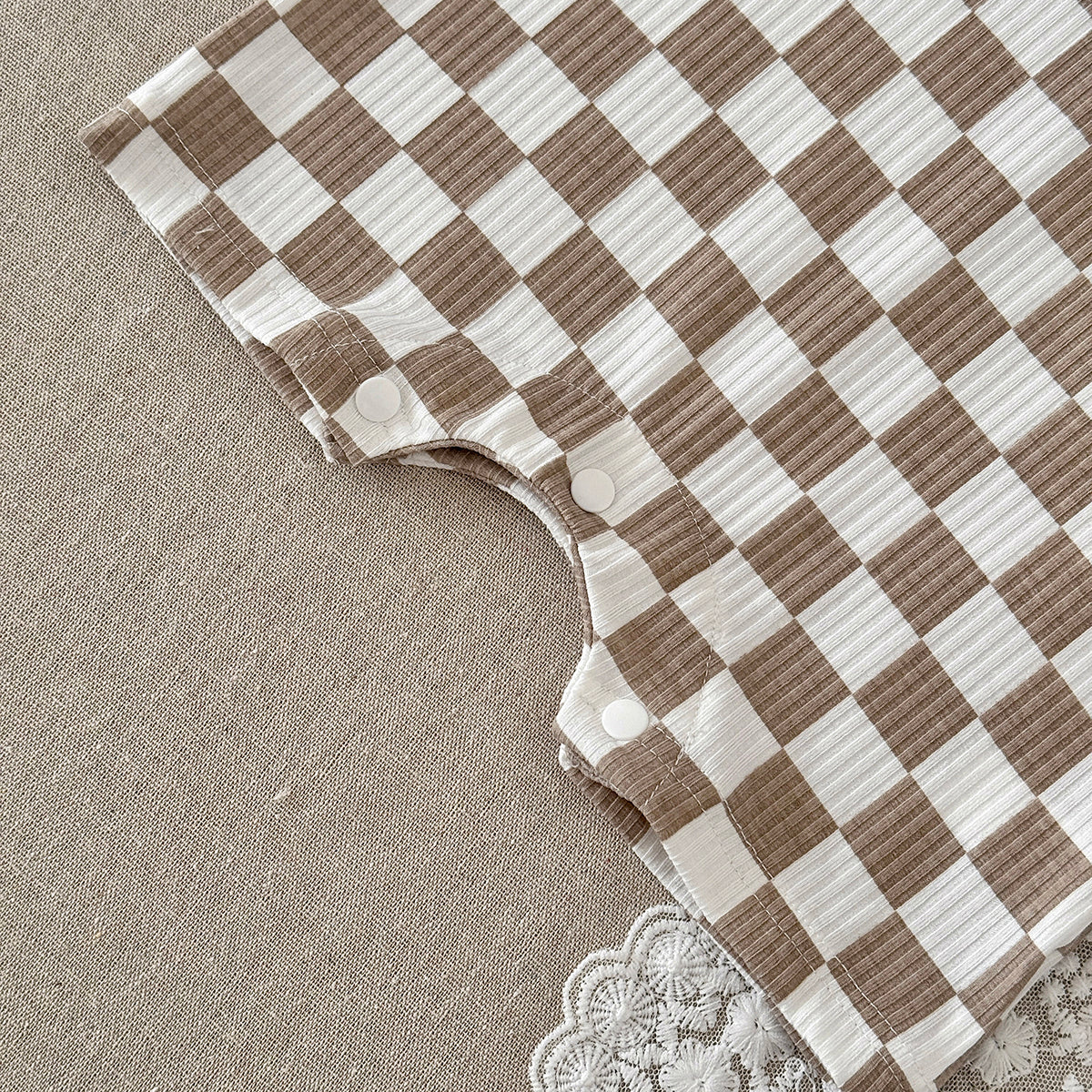 Baby Checkerboard Ribbed Short Sleeve Pocket Romper