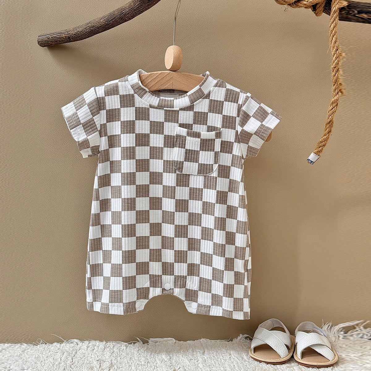 Baby Checkerboard Ribbed Short Sleeve Pocket Romper