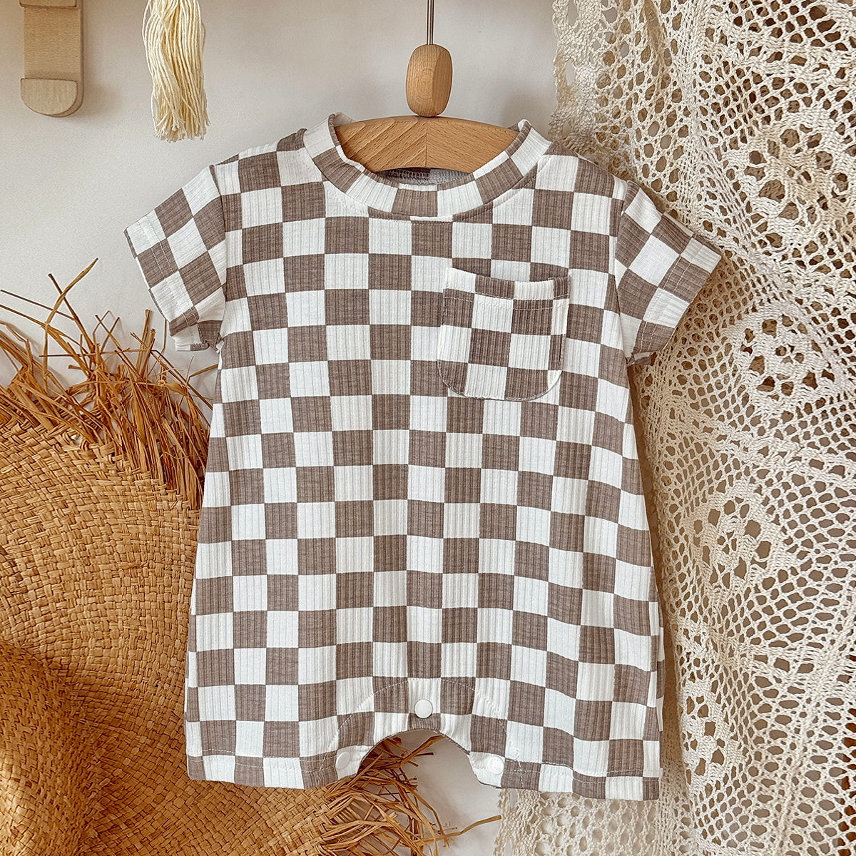 Baby Checkerboard Ribbed Short Sleeve Pocket Romper