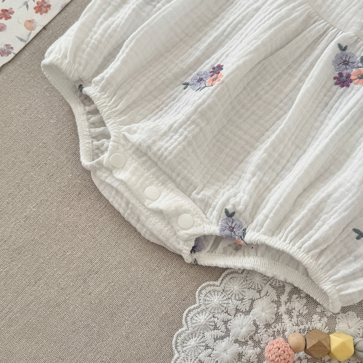 Muslin Baby Romper Floral Embroidery Flutter Sleeve Onesie