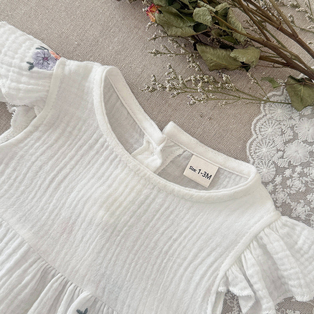 Muslin Baby Romper Floral Embroidery Flutter Sleeve Onesie