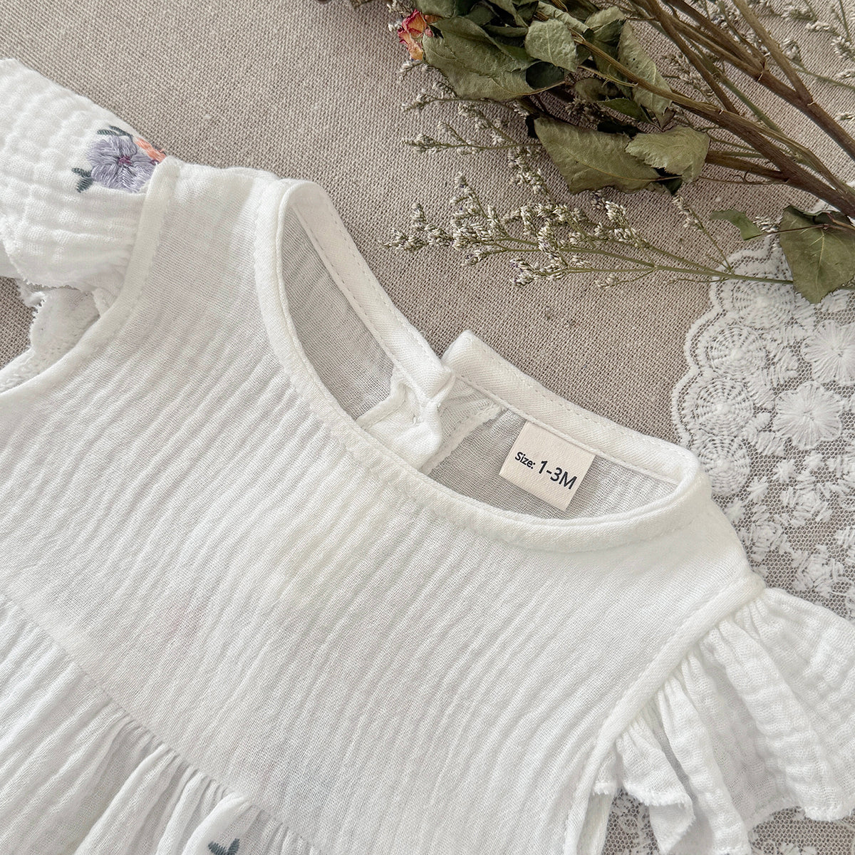 Muslin Baby Romper Floral Embroidery Flutter Sleeve Onesie