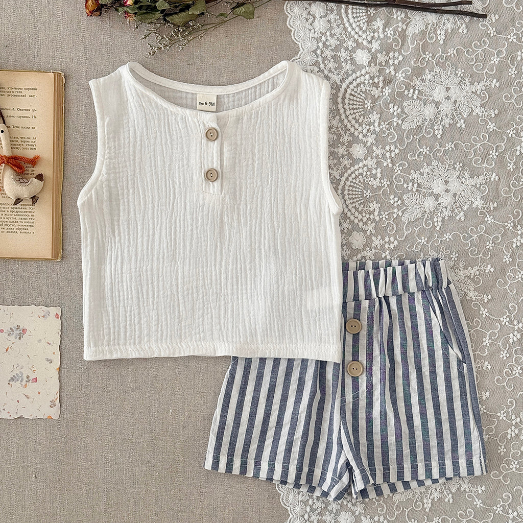 Baby Boy Sleeveless Set White Gauze Top Striped Shorts