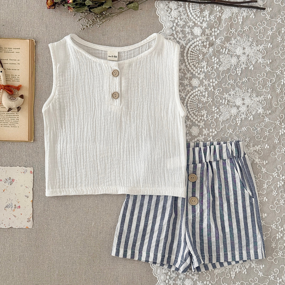 Baby Boy Sleeveless Set White Gauze Top Striped Shorts
