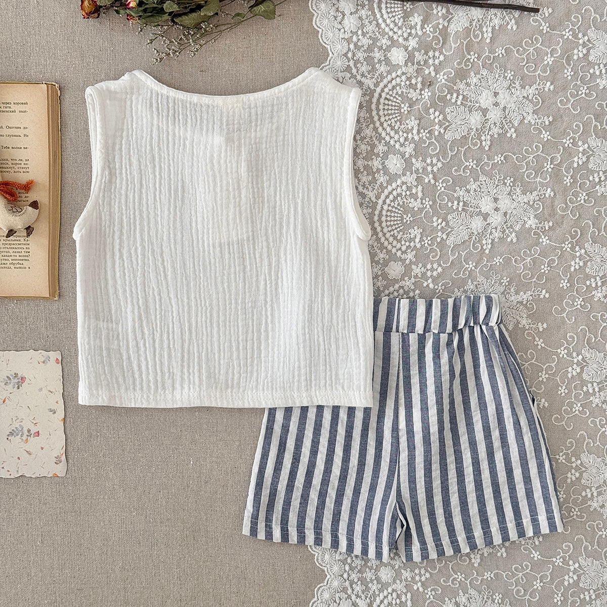 Baby Boy Sleeveless Set White Gauze Top Striped Shorts