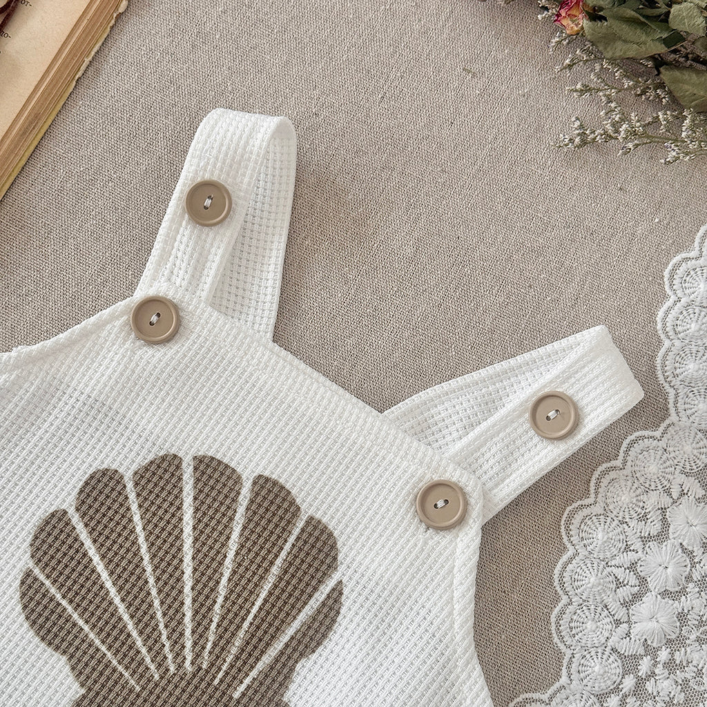 Seashell Print Baby 2Pcs Outfit Waffle Knit Suspender Romper Shorts Set