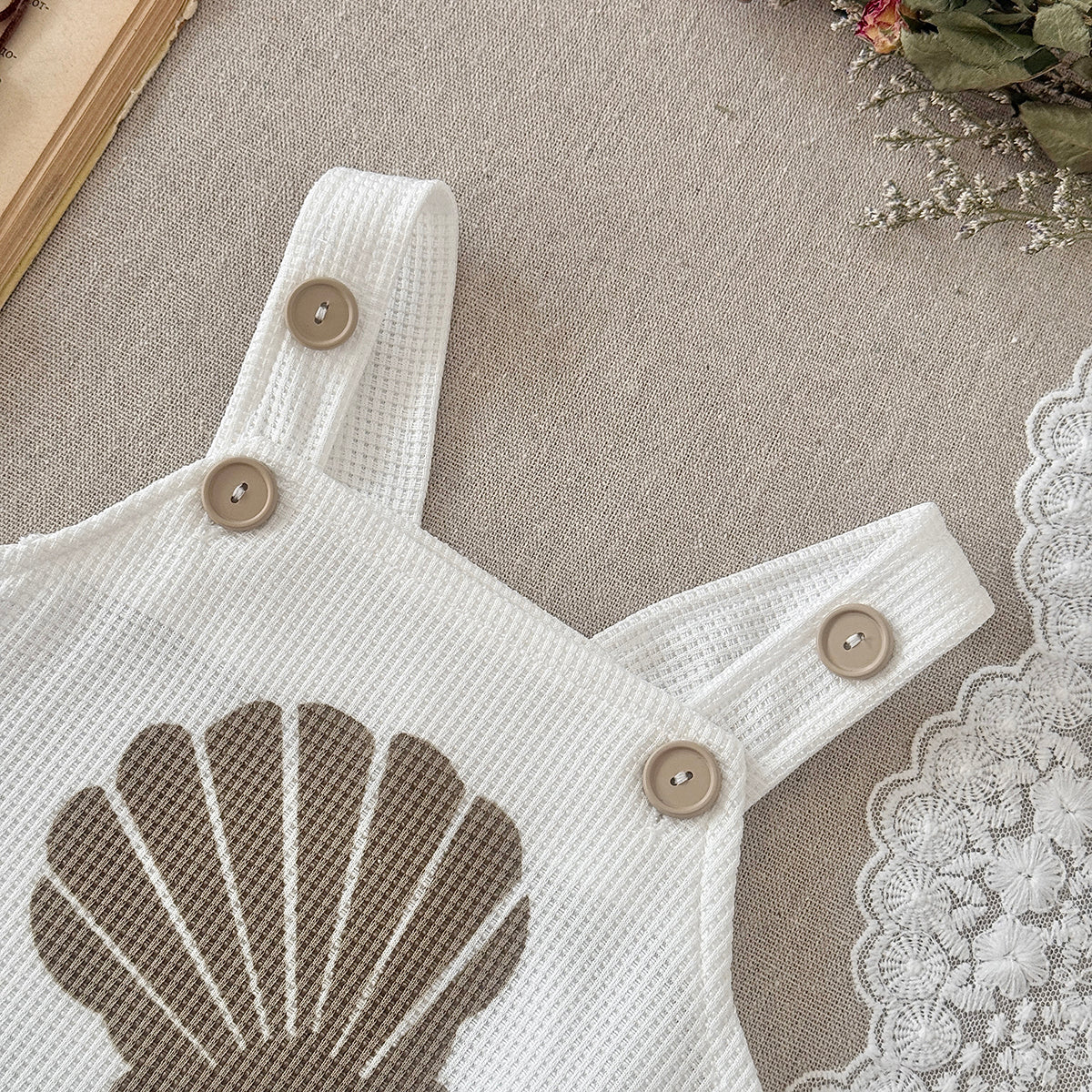 Seashell Print Baby 2Pcs Outfit Waffle Knit Suspender Romper Shorts Set