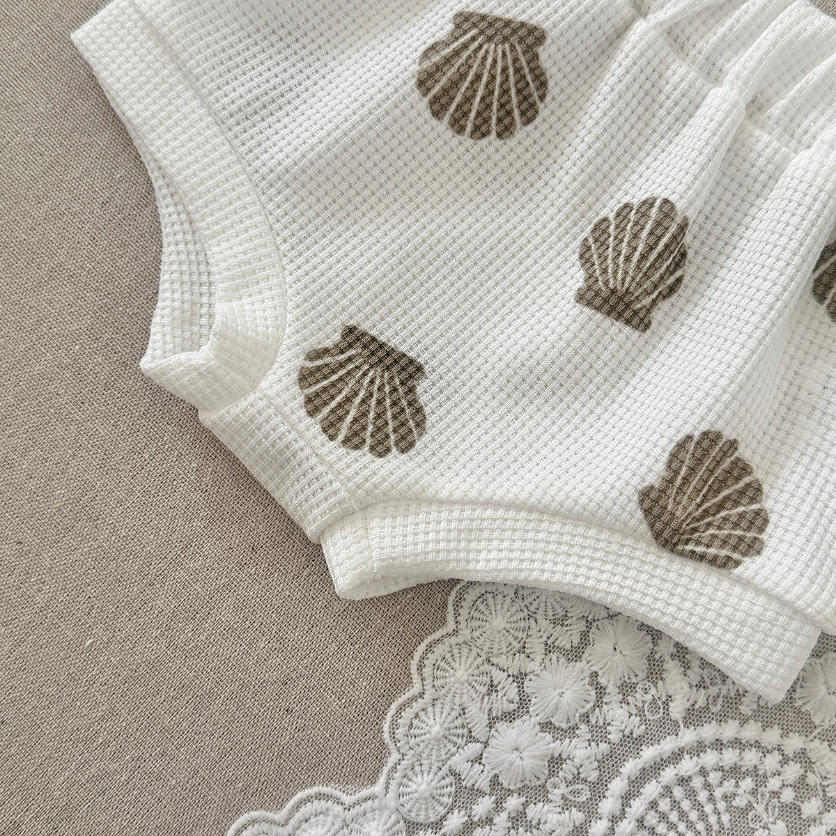 Seashell Print Baby 2Pcs Outfit Waffle Knit Suspender Romper Shorts Set