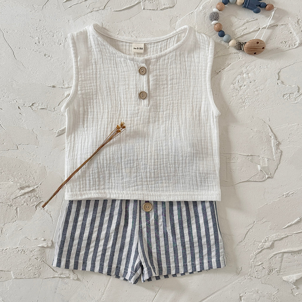 Baby Boy Sleeveless Set White Gauze Top Striped Shorts