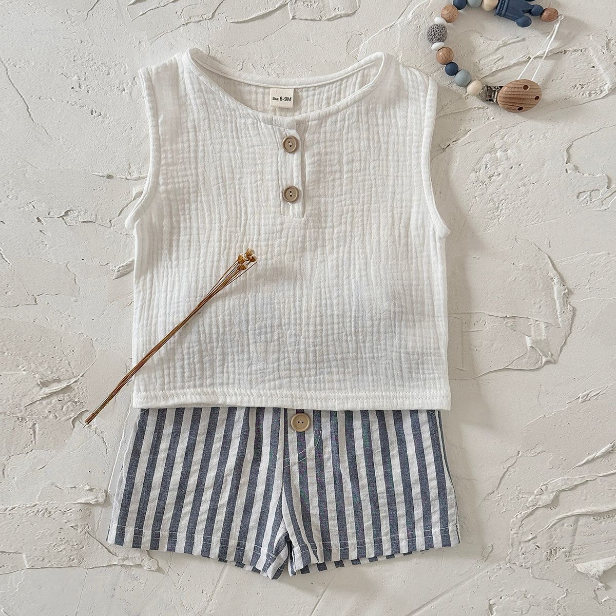 Baby Boy Sleeveless Set White Gauze Top Striped Shorts