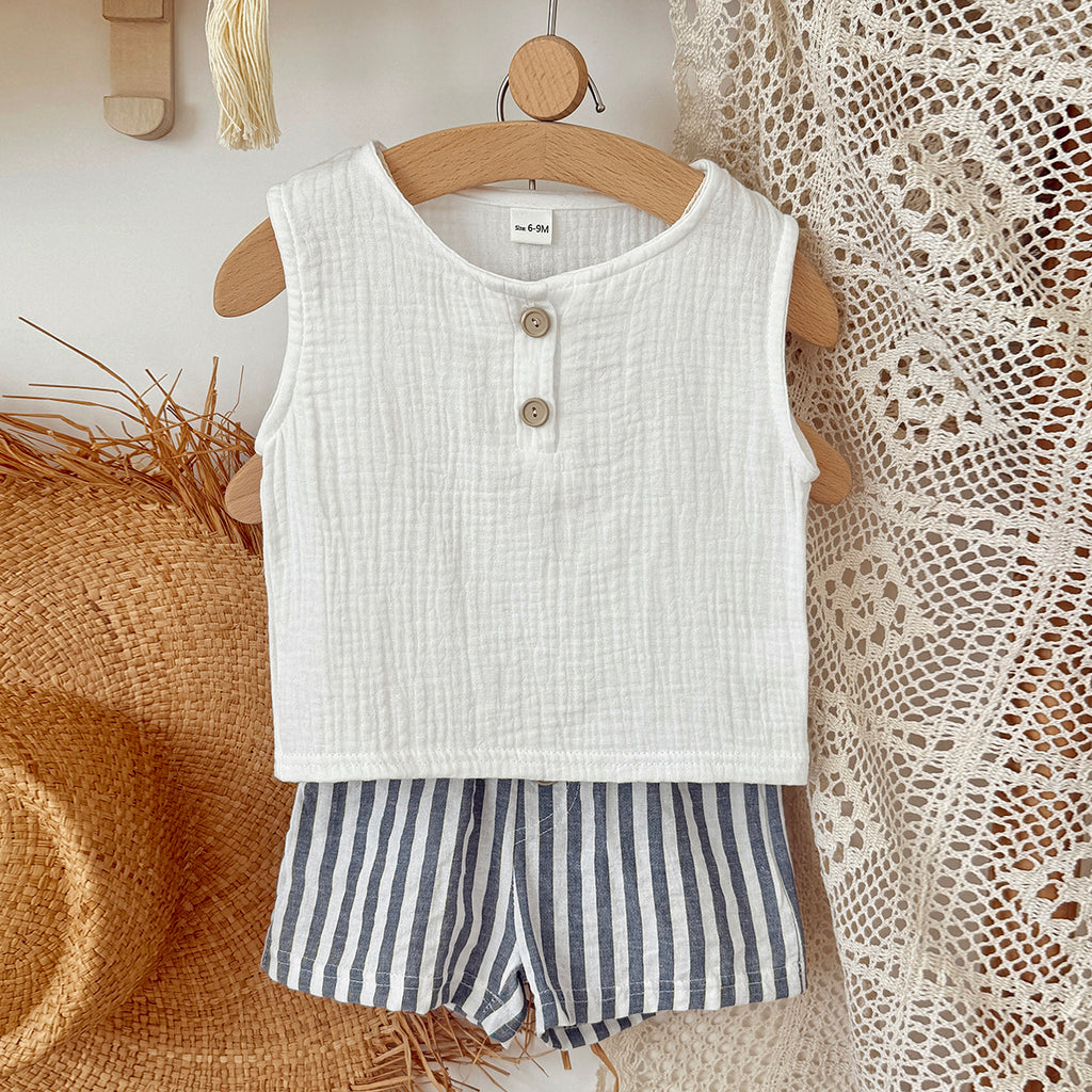 Baby Boy Sleeveless Set White Gauze Top Striped Shorts