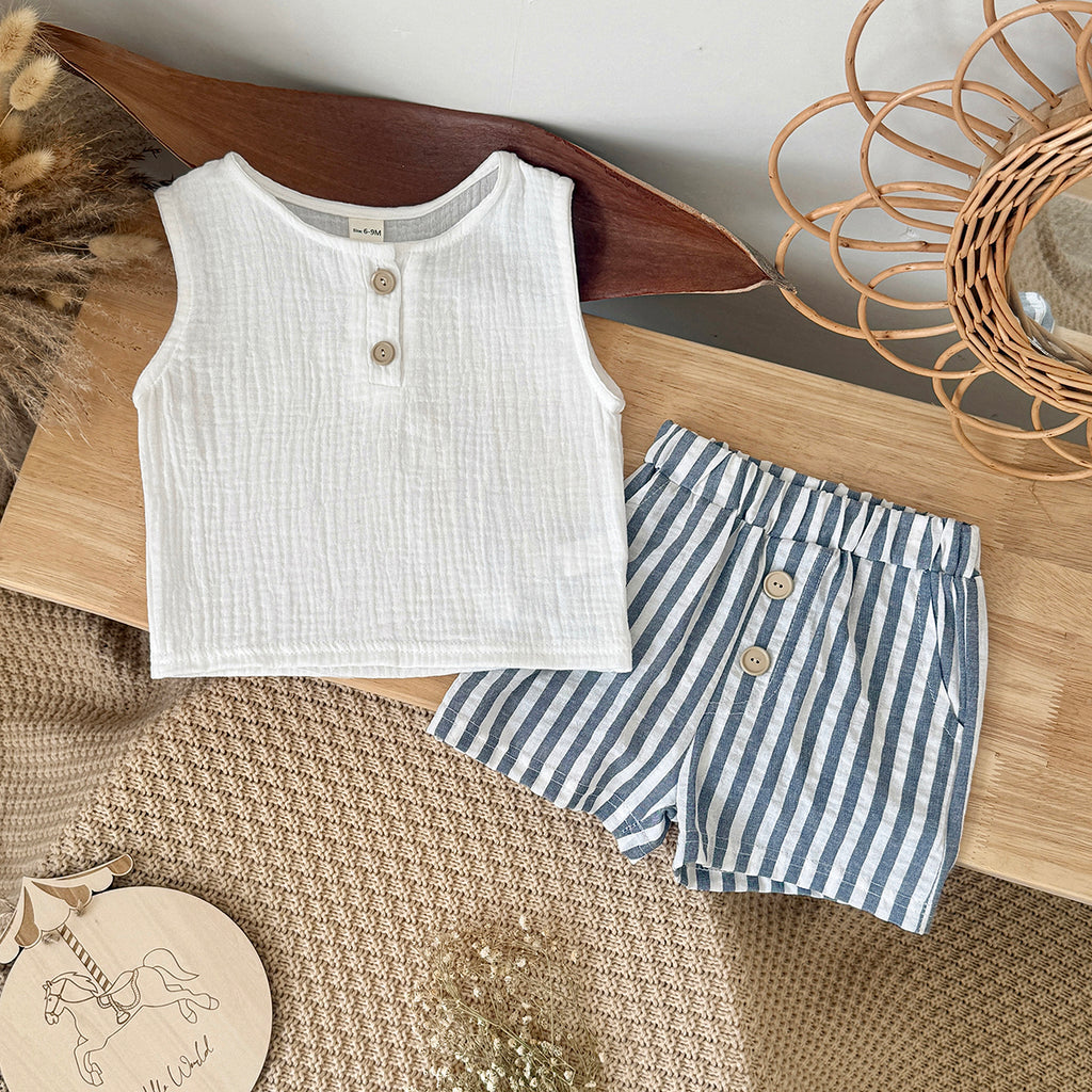 Baby Boy Sleeveless Set White Gauze Top Striped Shorts