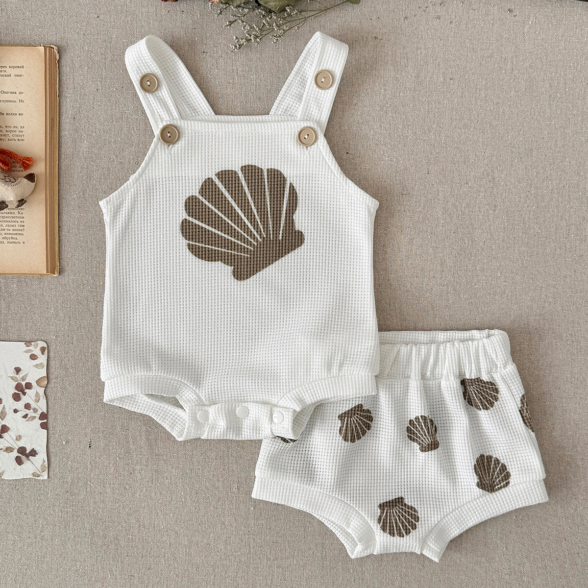 Seashell Print Baby 2Pcs Outfit Waffle Knit Suspender Romper Shorts Set