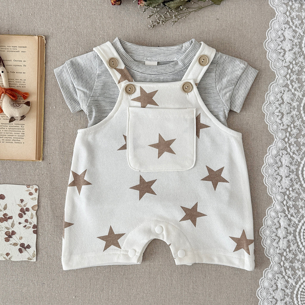 Star Print Baby Overalls 2Pcs Set Striped Short Sleeve Tee
