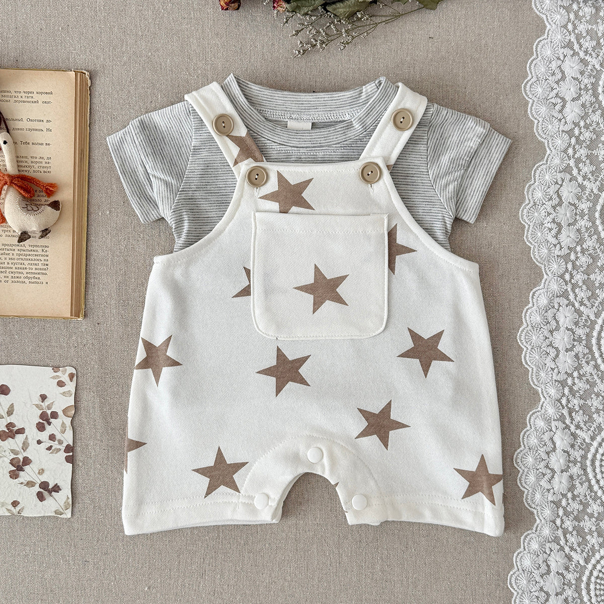 Star Print Baby Overalls 2Pcs Set Striped Short Sleeve Tee