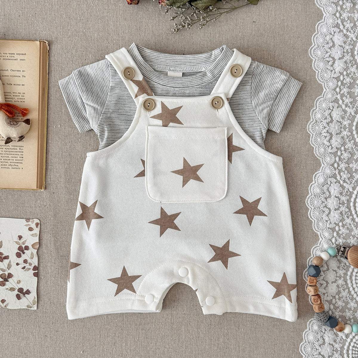 Star Print Baby Overalls 2Pcs Set Striped Short Sleeve Tee