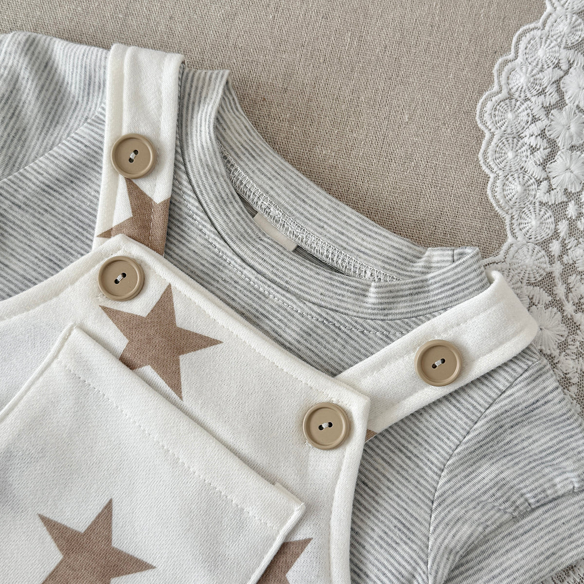 Star Print Baby Overalls 2Pcs Set Striped Short Sleeve Tee