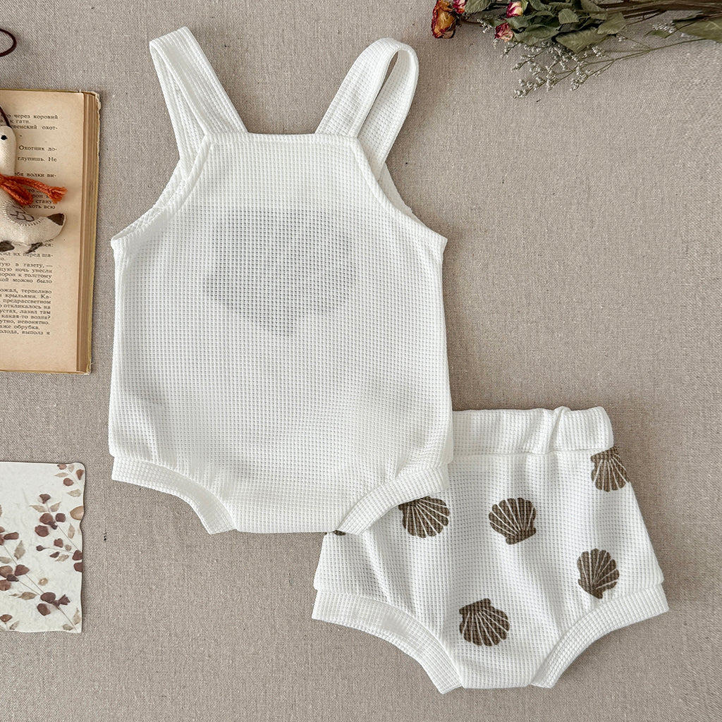 Seashell Print Baby 2Pcs Outfit Waffle Knit Suspender Romper Shorts Set
