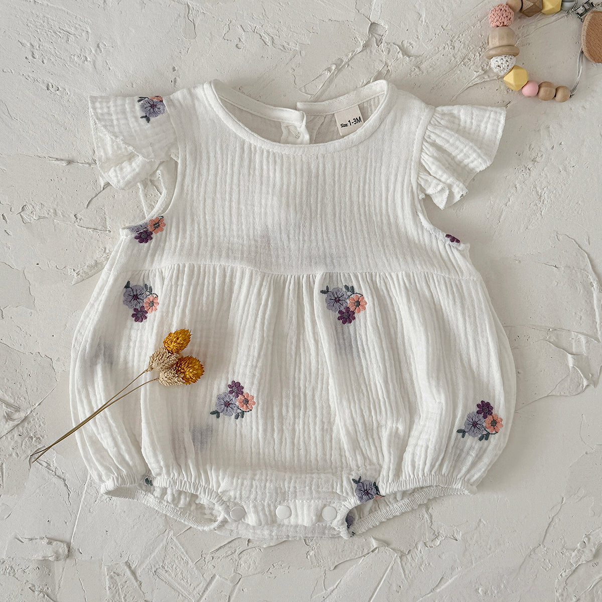 Muslin Baby Romper Floral Embroidery Flutter Sleeve Onesie