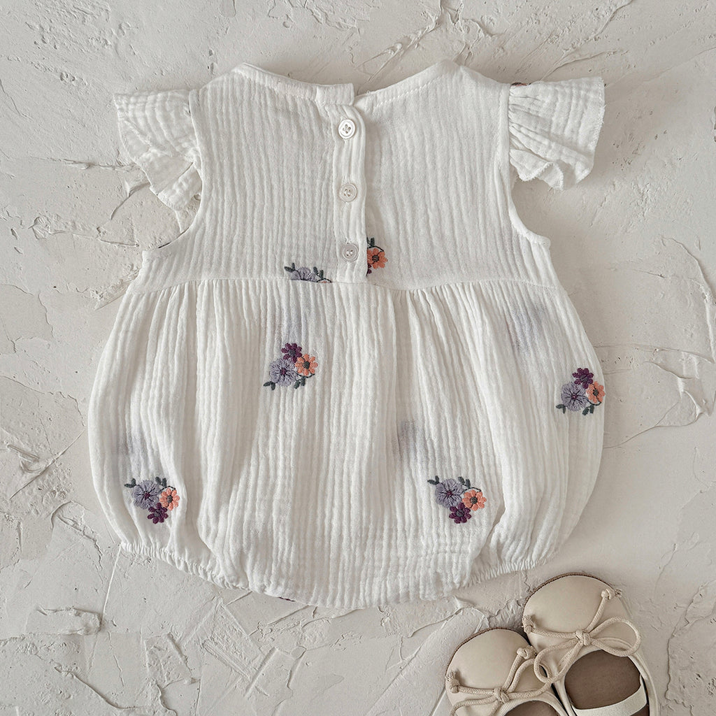 Muslin Baby Romper Floral Embroidery Flutter Sleeve Onesie