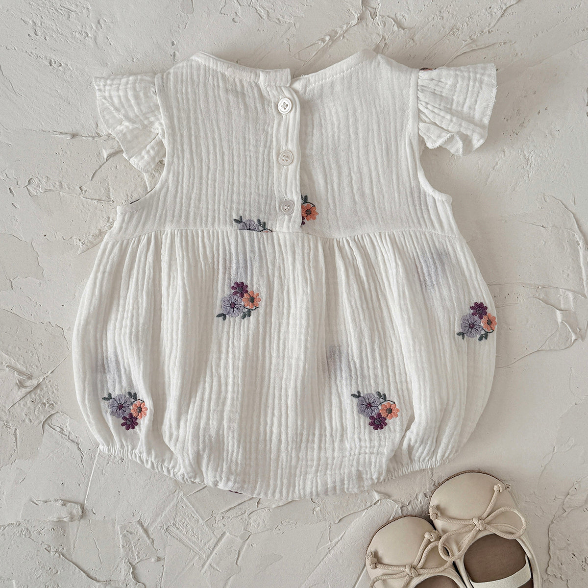 Muslin Baby Romper Floral Embroidery Flutter Sleeve Onesie