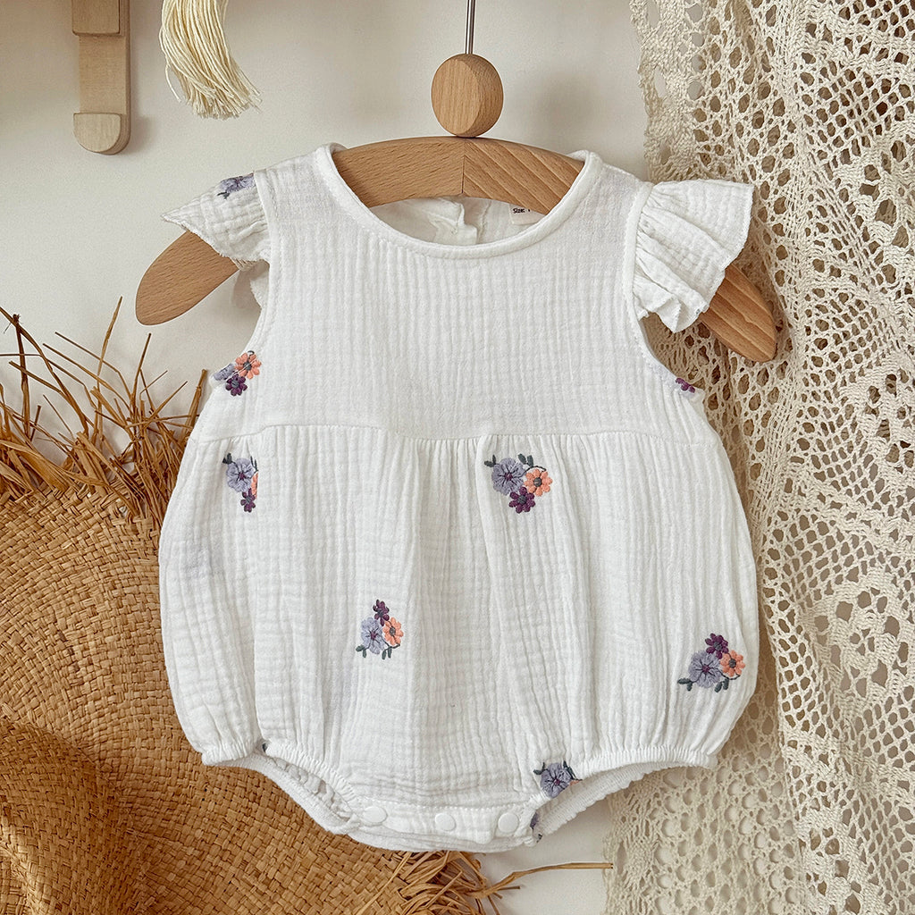 Muslin Baby Romper Floral Embroidery Flutter Sleeve Onesie