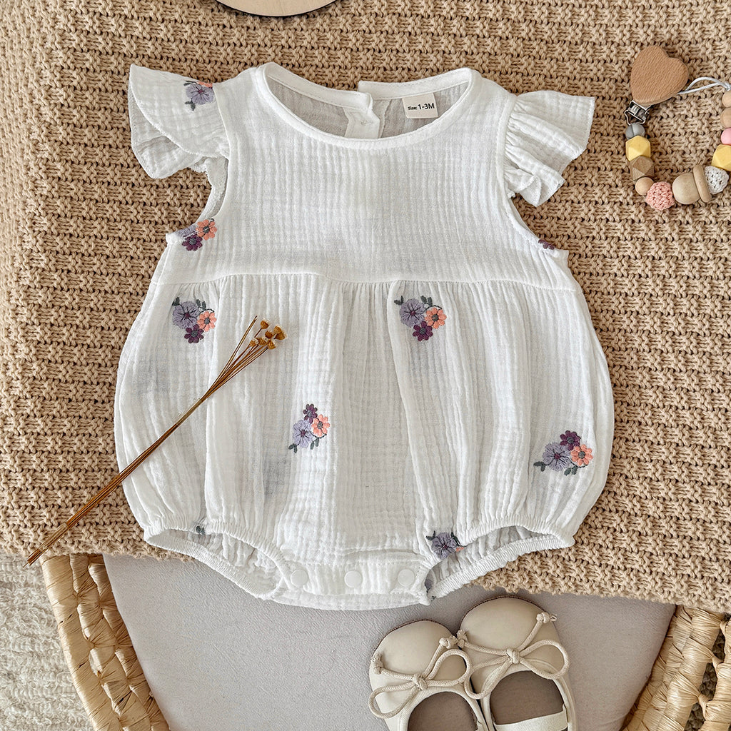 Muslin Baby Romper Floral Embroidery Flutter Sleeve Onesie
