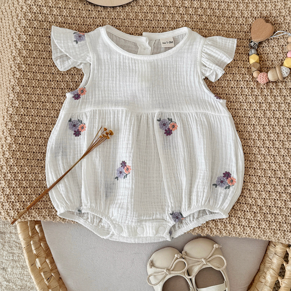 Muslin Baby Romper Floral Embroidery Flutter Sleeve Onesie