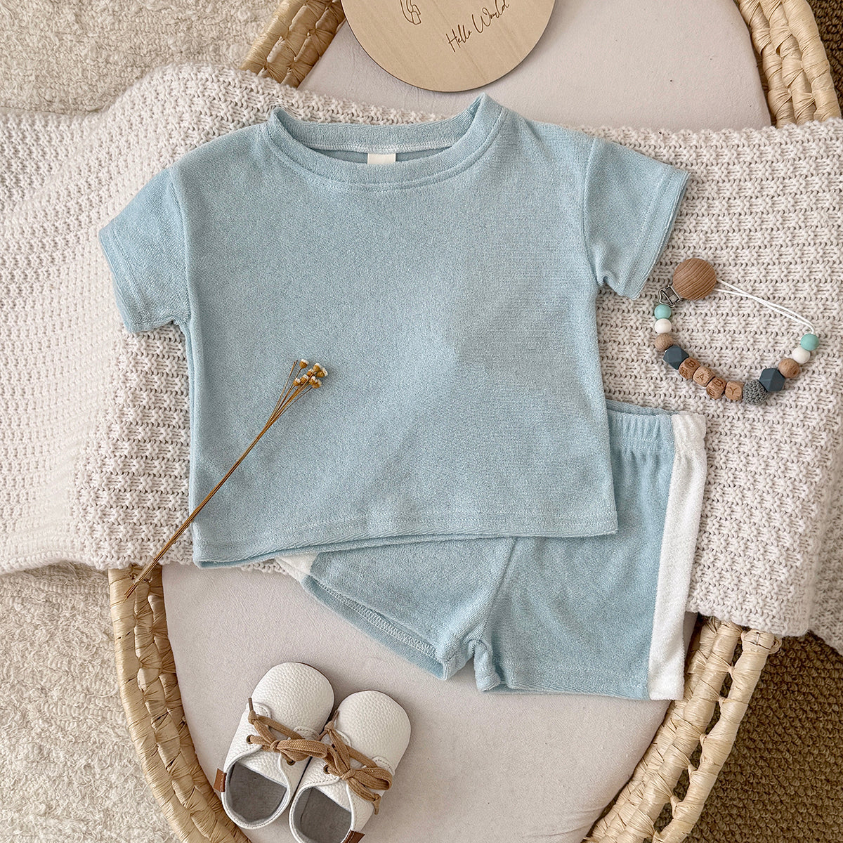 Soft Terry Cloth Baby Short Sleeve Tee & Side Stripe Shorts
