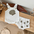 Seashell Print Baby 2Pcs Outfit Waffle Knit Suspender Romper Shorts Set