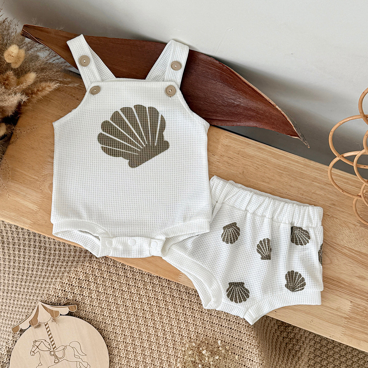 Seashell Print Baby 2Pcs Outfit Waffle Knit Suspender Romper Shorts Set