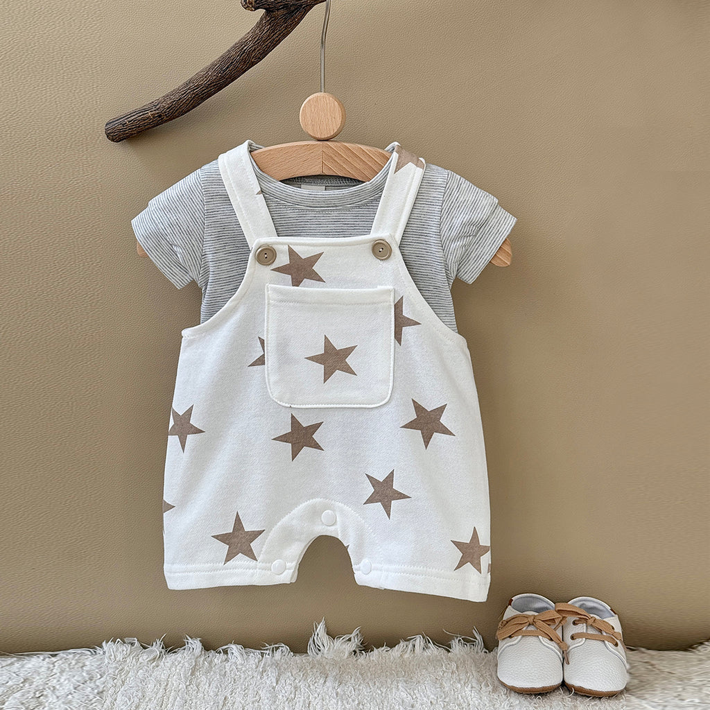 Star Print Baby Overalls 2Pcs Set Striped Short Sleeve Tee
