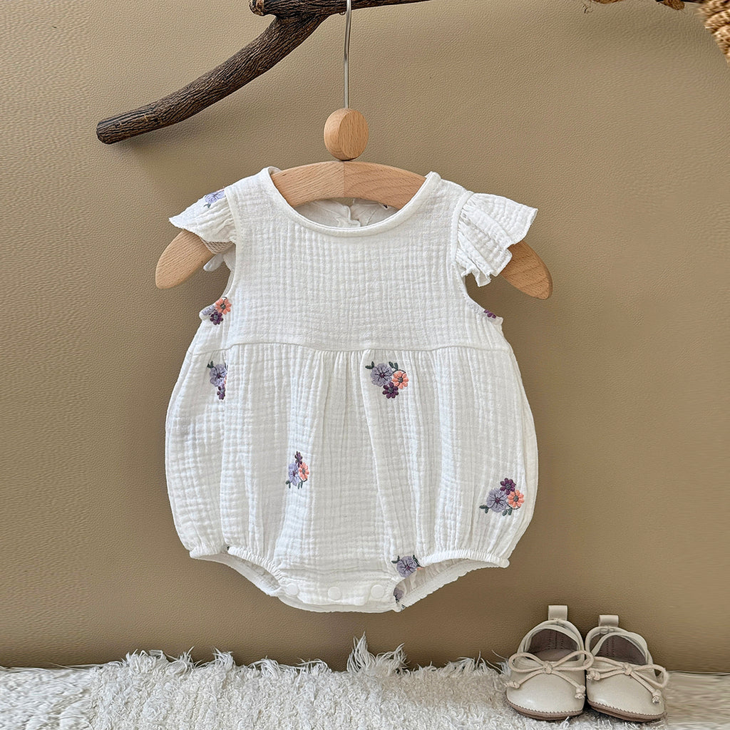 Muslin Baby Romper Floral Embroidery Flutter Sleeve Onesie
